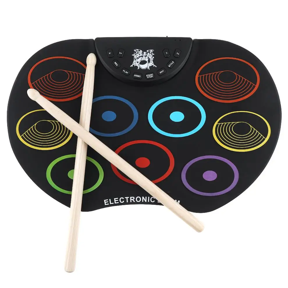 Portable Electronic Digital USB 9 Pads Colorful Roll up Set Silicone Electric Drum Kit with Drumsticks and Sustain Pedal