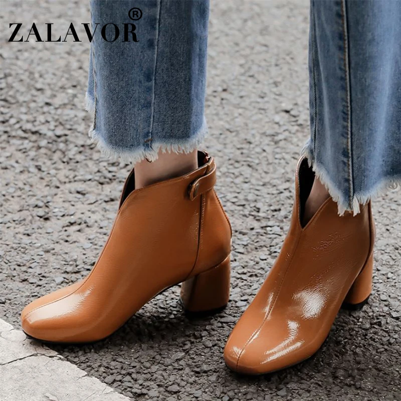 

ZALAVOR Ankle Boots Women Plus 32-46 Vintage Square Toe Keep Warm Add Fur Winter Shoes Women Casual Office High Heel Footwear