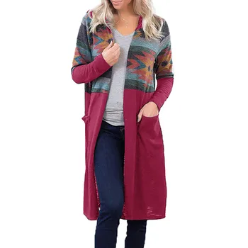 

Spring Autumn Coat Women's Trench Coat Mid-Long Hooded Casual Coat Knit Splice Cardigan Women's Long Sleeve Fashion Windbreak