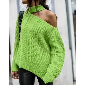 

Twist Pattern Sweater Women Casual Solid Knitted Sweater Turtleneck One Shoulder Women Sweaters Pull Femme