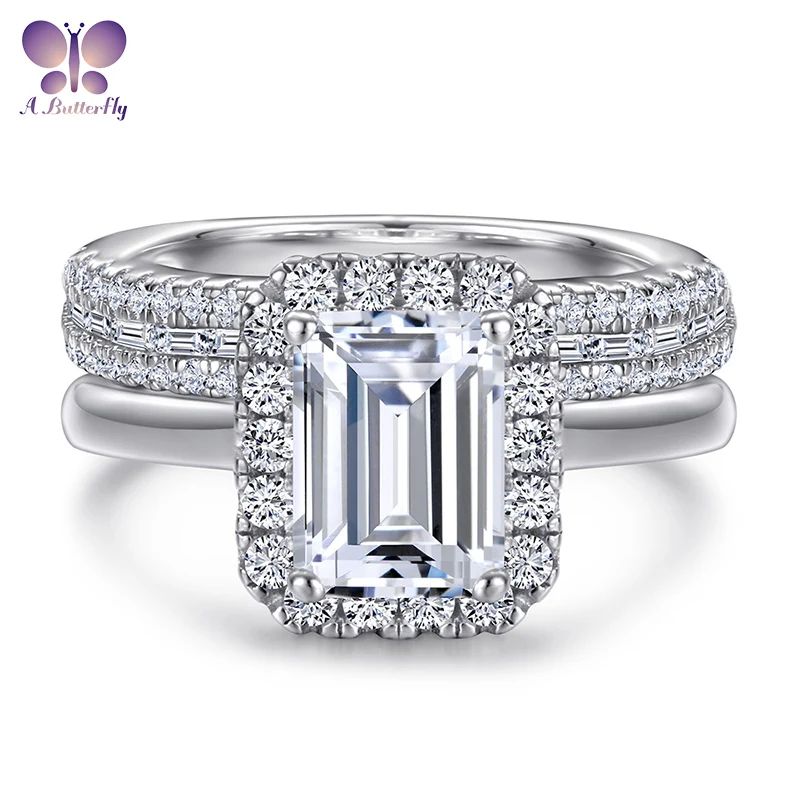 

925 Sterling Silver 2.0Ct Emerald Cut Halo Ring Set SONA Simulation Diamond Engagement Wedding Fashionable Women's Jewelry