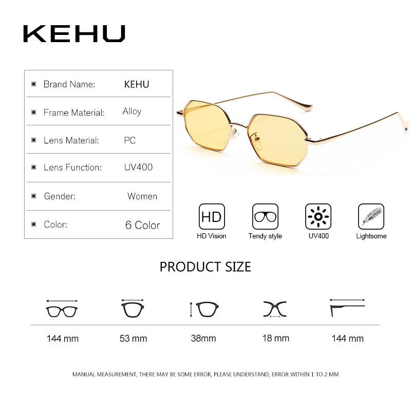 KEHU, модные шестигранные солнцезащитные очки для женщин, сверхлегкие прочные авиационные очки, оправа, солнцезащитные очки, женские очки для путешествия XH25