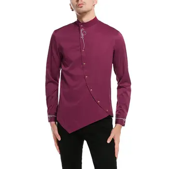 

Men Long Sleeve Stand Collar Jacquard Diagonal Buttons Irregular Hem Slim Shirt