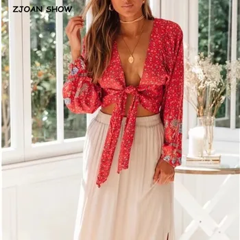 

2019 New Women Bohemia Sun Flower Print Kimono Shirt Loose Long Sleeve V-Neck Lacing Up Tie Bow Cardigan Blouse Femme Blusas