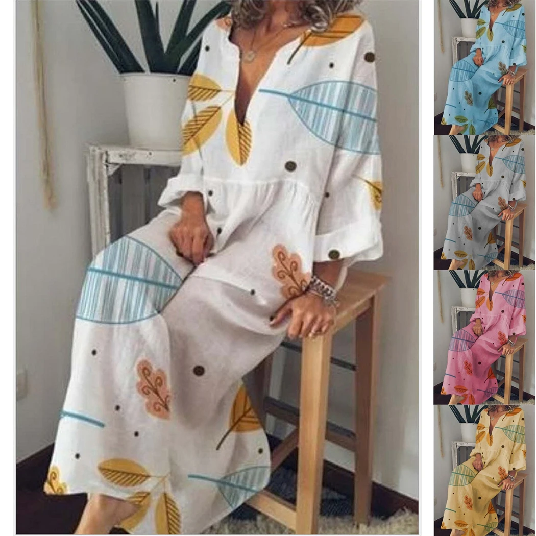 Летнее богемное Платье с принтом листьев для женщин длинным рукавом сексуальный