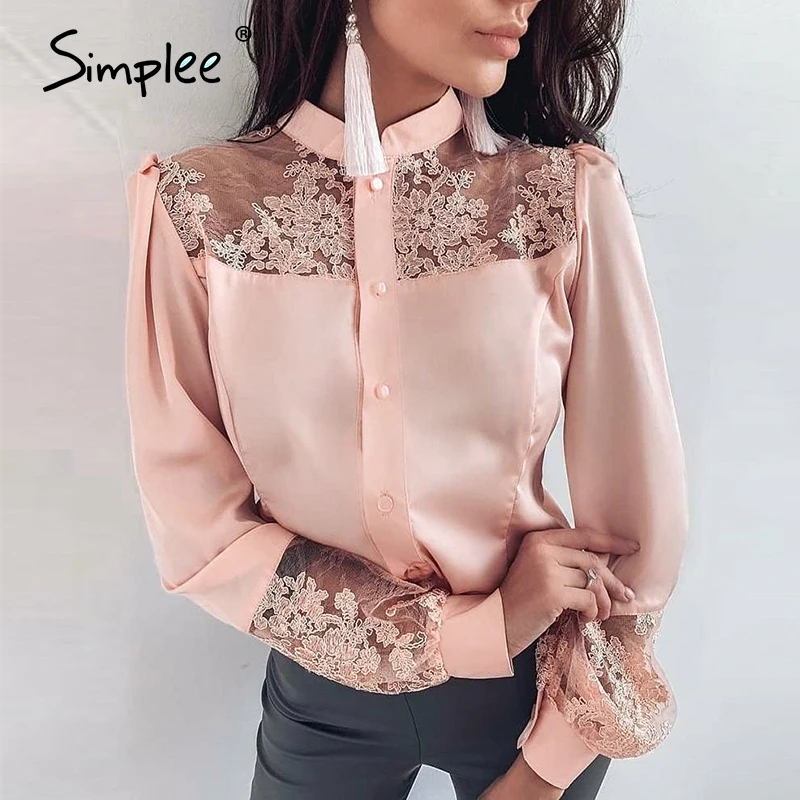 Simplee плюс размер кружевная вышивка женская блузка рубашка длинный рукав пэчворк