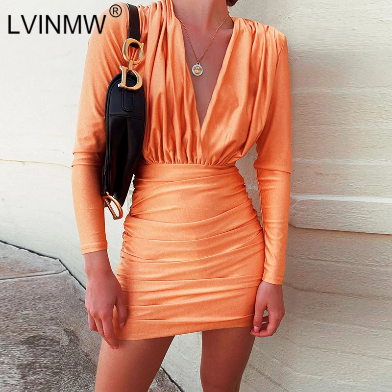 Женское мини-платье с рюшами LVINMW оранжевое облегающее вечернее платье длинным