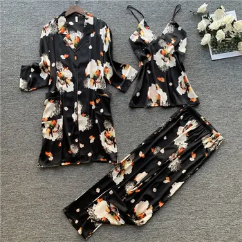 

JULY'S SONG Woman Spring Pajamas Set 3 Pieces Satin Faux Silk Floral Printing Sleep Sleepwear Sling Long Pants Woman Home wear