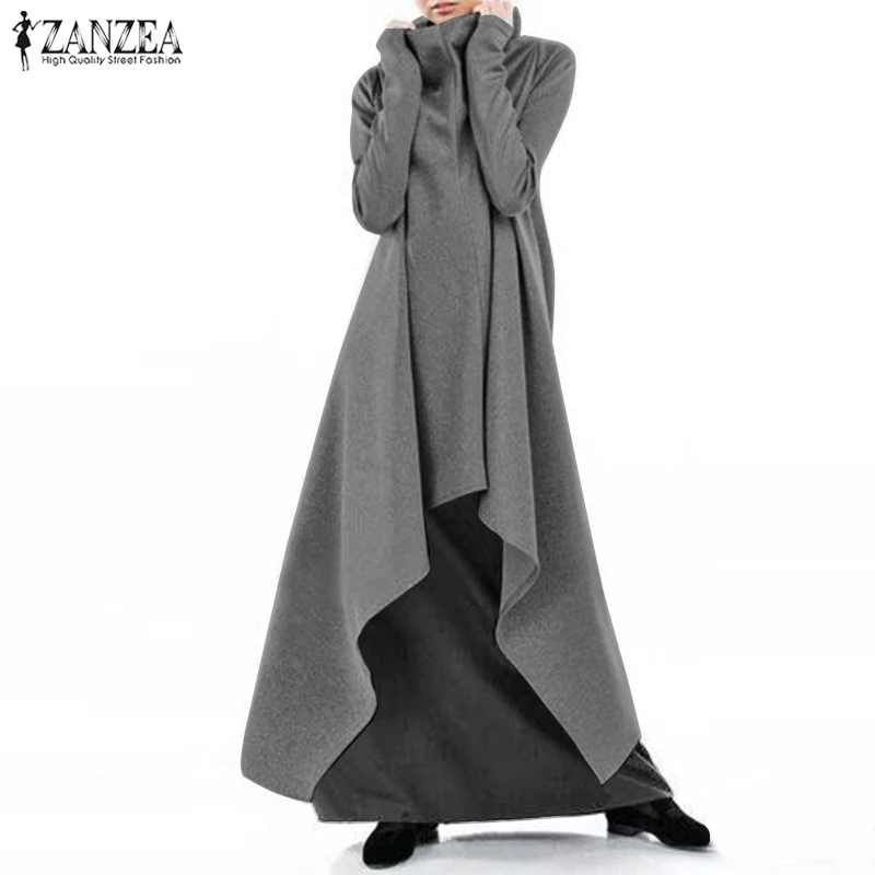 Najtaniej 2019 moda zanzea nieregularne sukienka z kapturem damska jesień Sundress Casual golf z długim rękawem bluzy Vestidos Plus Size
