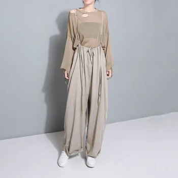 

2020 Summer Soft Linen Baggy High Waisted Pants Women Suspender Casual Loose Bottom Long Trousers Korean Japanese Wide Leg Pants