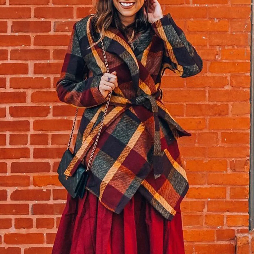 Осенне-зимнее асимметричное клетчатое шерстяное элегантное пальто с графическим принтом, офисное женское тонкое длинное пальто, женская верхняя одежда