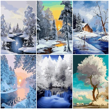 

AZQSD Painting By Number Canvas Kits Winter Landscape Unique Gift Unframe DIY Coloring By Numbers Tree Home Decoration