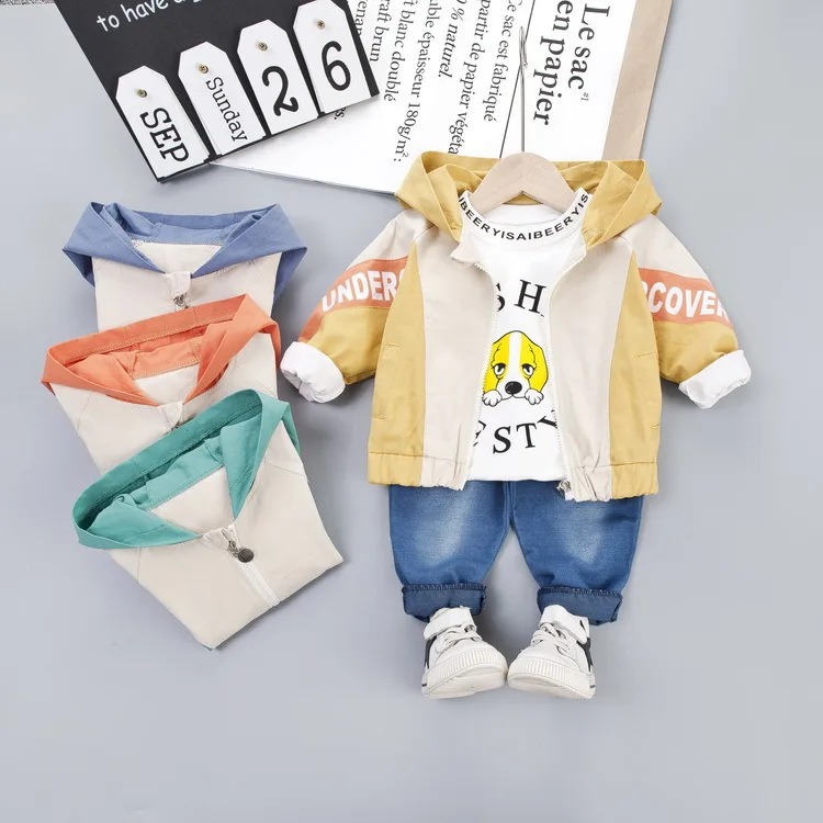 

2019 New Style Autumn Clothing Korean-style Sleeves English Dog Jeans Two-Piece Set Cartoon Pattern Lettered Coat out Clothes