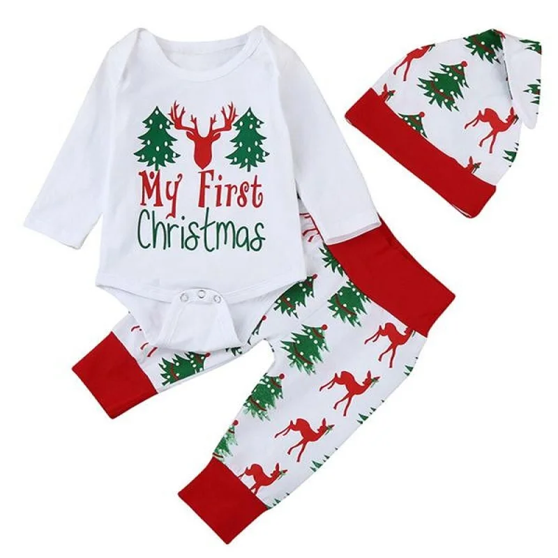 

Cute Baby Clothes Infant Baby Girls Long Sleeve Letter Print Tops+Pant+Cap Christmas 3PCS Outfits Set Casual Clothes 6M-24M
