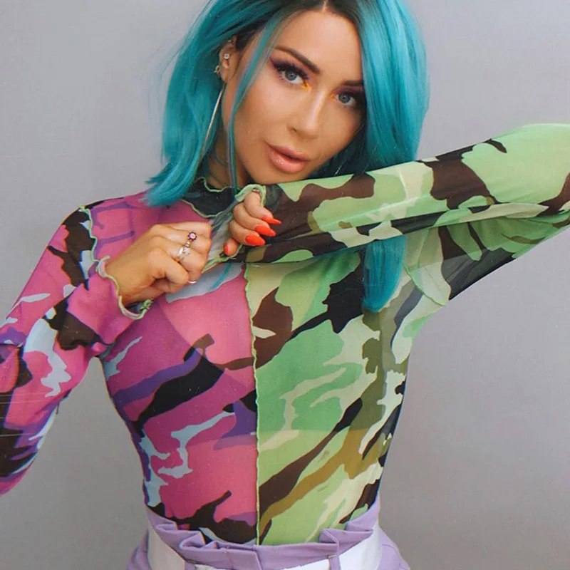 

Echoine Camouflage T-shirt Women Perspective Contrasting Color Patchwork Tee Autumn Women's Long Sleeve Tight Elastic Tunic Tops