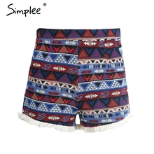 Женские этнические цветочные шорты Simplee, богемные шорты на молнии с высокой талией и бахромой, винтажные народные мини шорты для лета