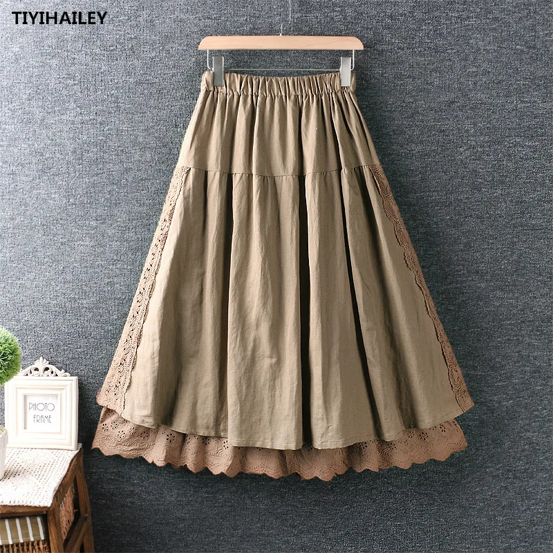 TIYIHAILEY Free Shipping New Cotton Linen Women Skirt Spring A Long Maxi Elastic Waist A-Line Embroidery Crochet Patchwork