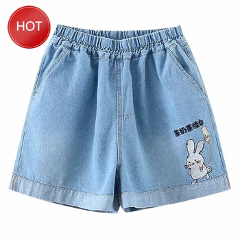 

Rabbit Women's Shorts Jean 2020 Vintage Kawaii Bunny Cartoon Casual Teenager Denim Blue Wide Leg Shorts Summer Mori Girl Cute