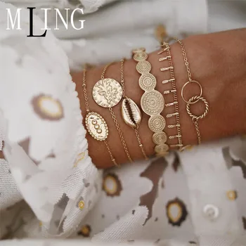 

MLING 6 Pcs/Set Vintage Gold Metal Bracelet Set Bohemian Circle Leaves Totem Shell Bracelet for Women