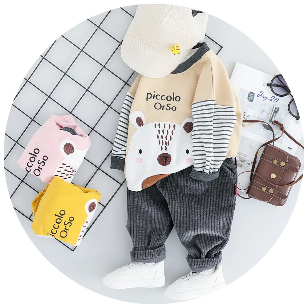 Cotton Baby Set Autumn Children Boys Clothes Long Sleeve Cartoon Print Sweatshirt Tops And Pants Trouser Costume New