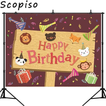 

Scopiso Happy Birthday Backdrop with Animals Cartoon Style Party Decoration Customized Photography Photo Background Studio Prop