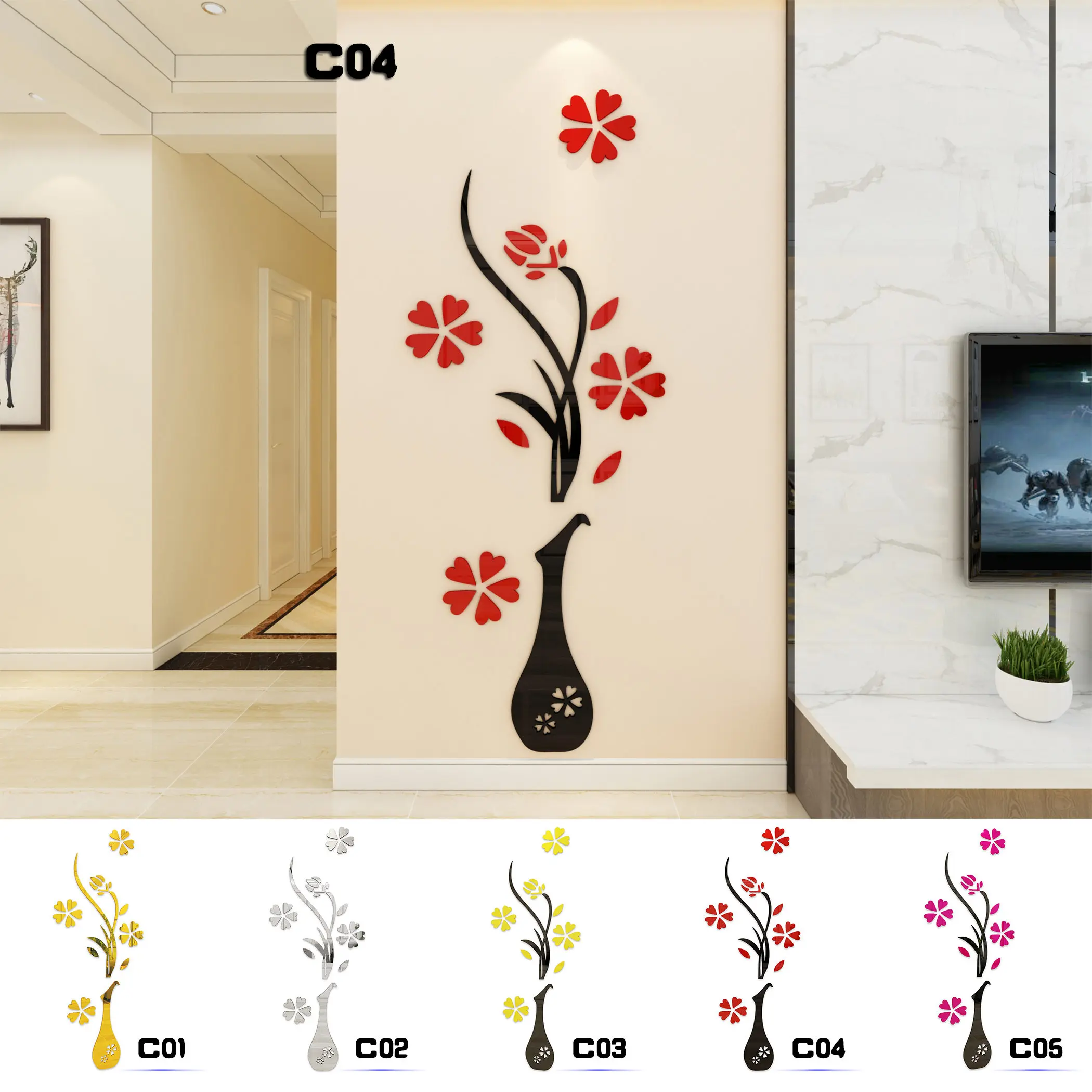 

3D Acrylic Plum Blossom & Vase Style Wall Sticker for Living Room Study Room [Mirror]