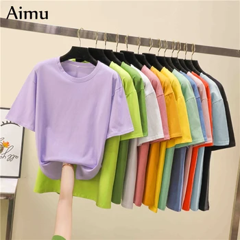 

harajuku Tee Shirt Summer short sleeve loose Solid color Basic T Shirt Women Casual O-neck 90s Tops Korean black White T-shirts