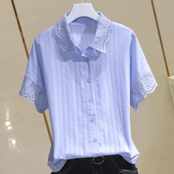 

lace 100% cotton patchwork women shirts summer new turn-down collar short-sleeved slim all match office lady shirts outwear tops