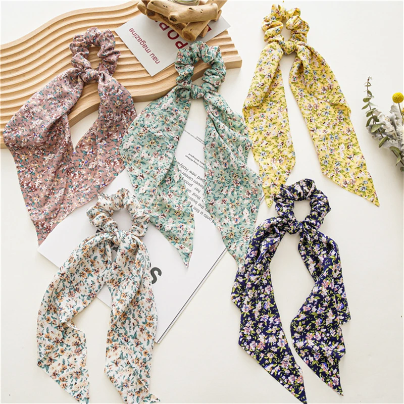 flower hair clips New Fashion Print Bow Scrunchies Hair Ribbon For Women Elastic Hair Band Girls Horsetail Hair Ties Hair Accessories small hair clips