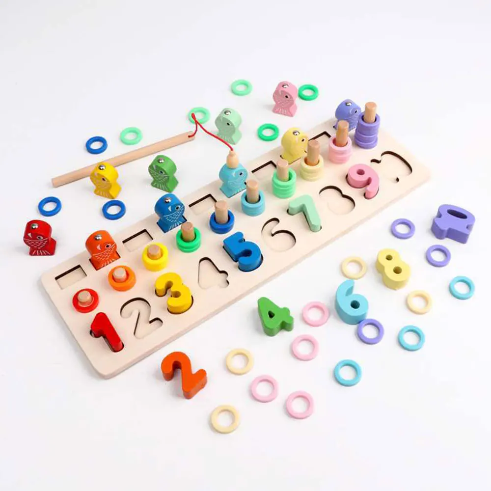 

Child Wooden Digital Computing Building Shape Matching Cognitive 3-in-one Hands-on ability magnetic Fishing Log Board Puzzle Toy