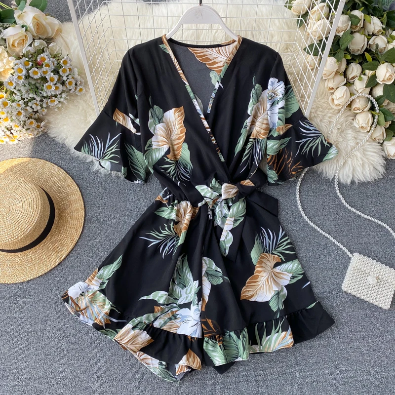 Women Floral Chiffon Rompers short sleeves Korean beach overalls bohemian loose casual summer wide leg pants playsuits G1375
