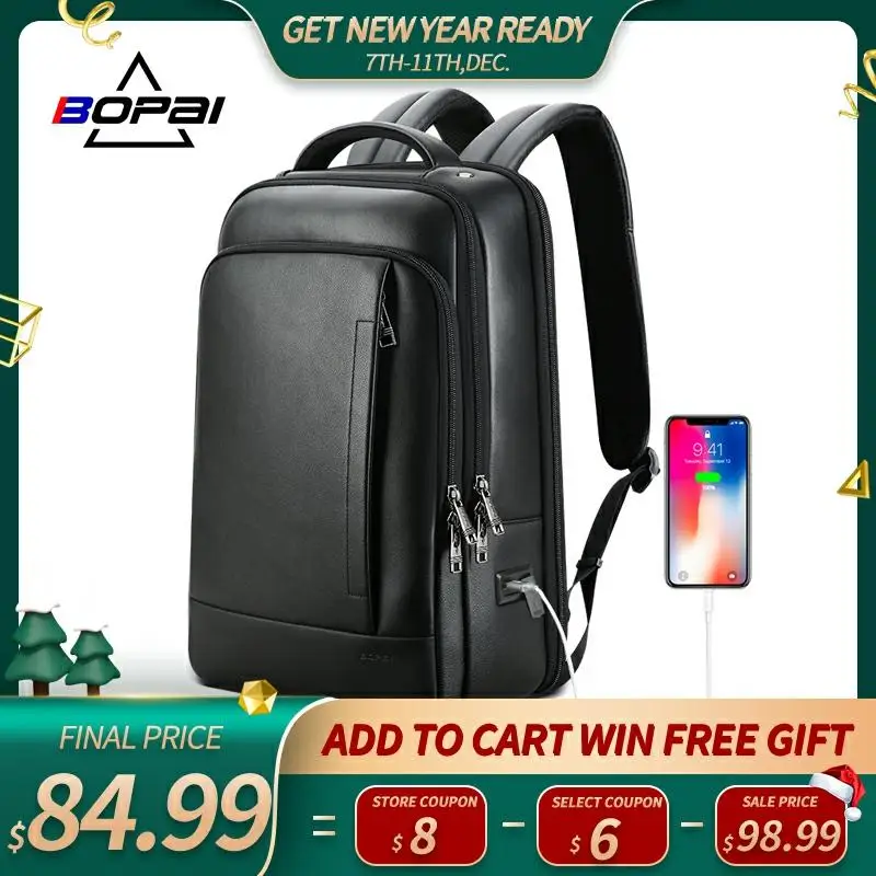 

BOPAI Genuine Leather Backpack Laptop Mens Business Casual Waterproof Back Pack Male Computer Bagpack Black Backpacking