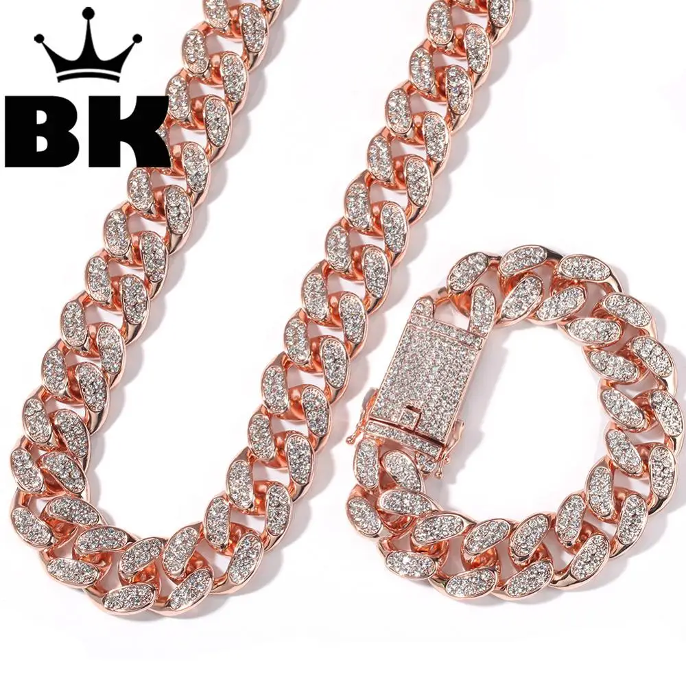 Online 2cm HipHop oro Color helado cristal Miami cubana cadena oro plata collar y pulsera conjunto Venta caliente el HIPHOP KING