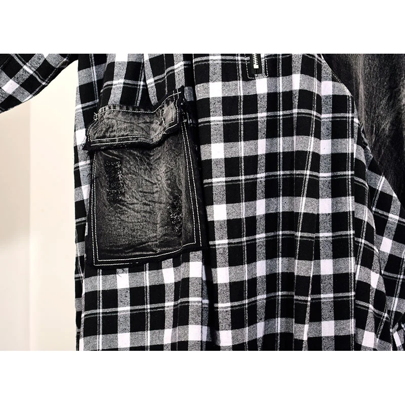 XITAO Lattice Denim Patchwork Pocket Midi Dress Long Sleeve Turn Down Collar Loose Casual Plus Size Dress Women WQR1823
