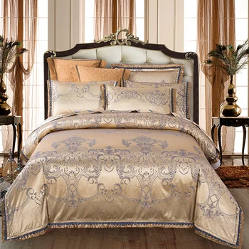 

No.1-12 4pcs luxury golden bedroom decoration queen size housse de couette jacquard bedding sets King bed linen satin sheets