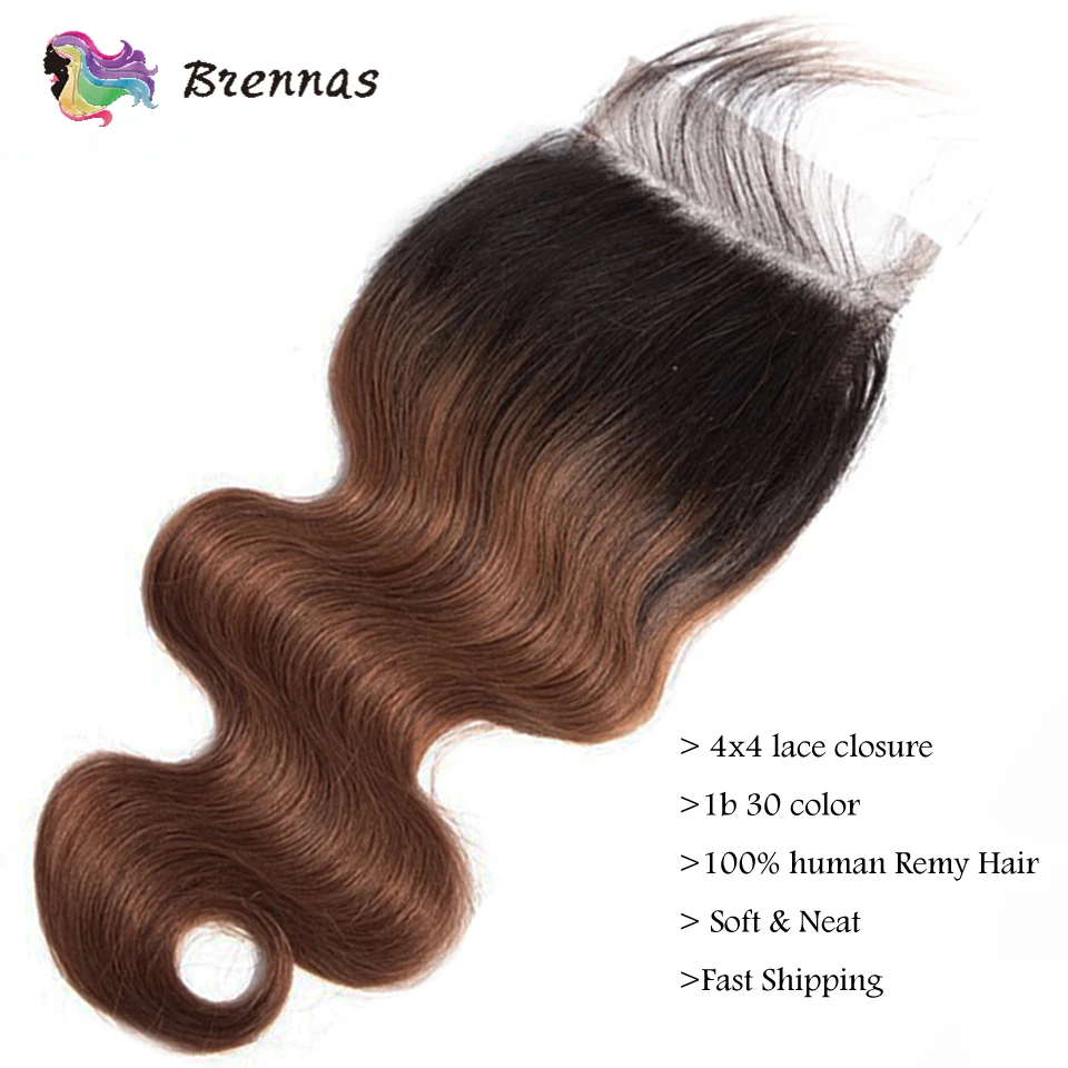 Brennas Body Wave Ombre Hair 3 Bundles Human Hair Bundles With Closure 1b/30 Brazilian 8-26'' Remy Hair Extensions Middle Ratio