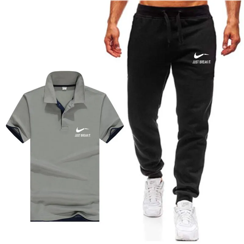 Black-Gray-Navy Мужские комплекты, рубашки поло+ штаны, комплекты из двух предметов, повседневный спортивный костюм, мужские новые модные купальные костюмы с принтами, спортивная одежда, спортивные тренажеры, фитнес-брюки - Цвет: Black-Gray-Navy