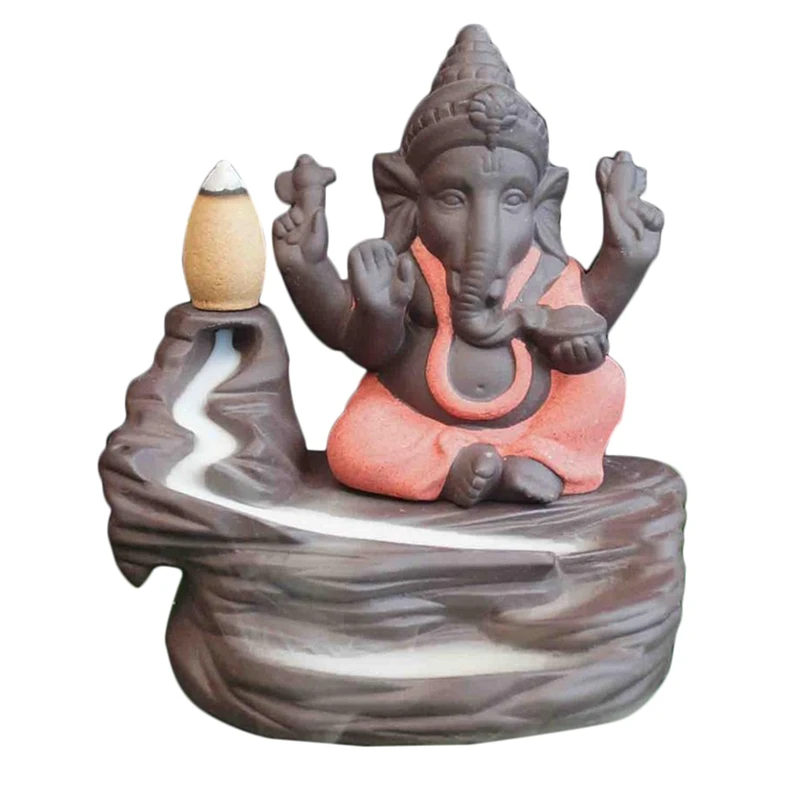 Red Elephant God Ganesha Backflow Incense Burner India Censer Stick Holder Meditation Ornaments Home Office Decor Crafts