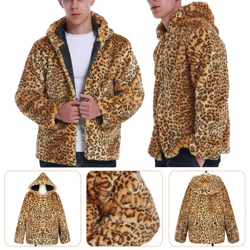 

Plus Size Faux Fur Coat Men Jacket Fashion Long Sleeve Hooded Leopard Fur Coats Slim Fit Outwear Autumn Winter Men'S Overcoat