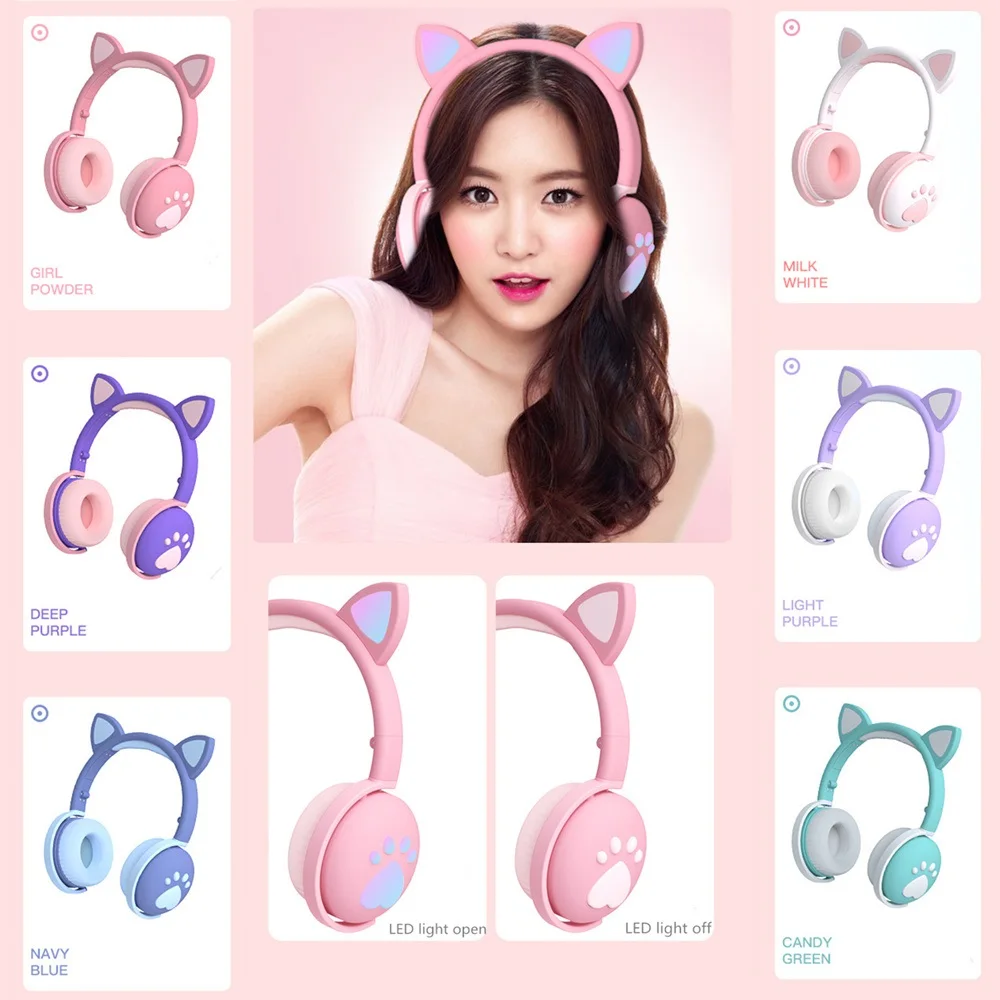 Cute Cat Bluetooth 5 0 Headset Ear Paw LED Wireless Headphones Girls Kids Headset Gift HIFI Stereo Bass 3 5mm with Mobile Phone