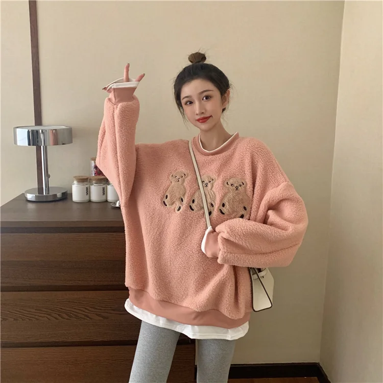 Модная утолщенная овечья шерсть с вышивкой медведя | Женская одежда