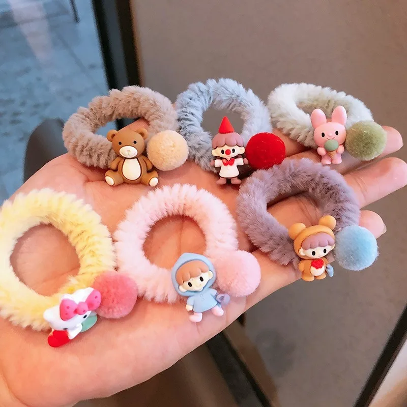 

Winter Children Mink Hair Loop Cartoon Leather Band Girl Hair Rope Elastic Belt Hair Ball Children Pricking Hair Horse Tail