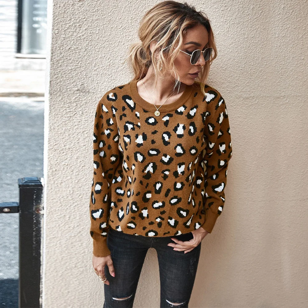 

Women Fashion Sweaters Leopard Pullovers Autumn Winter Casual Loose Backless Knitwear Long Sleeve O-Neck Elegant Lady Sweater