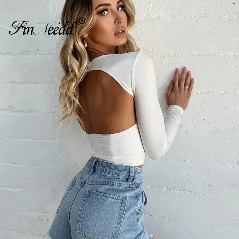 

Sexy Tops Backless Deep V Neck T Shirt Women Long Sleeve White Top Slim Button Cotton Crop Top Mujer Night Club Wear Tshirt