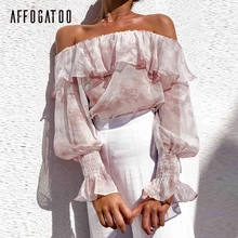 Affogatoo Sexy Off Shoulder Transparent pink Blouse tops Summer Women Elegant Ruffle Lantern Sleeve Fashion Holiday Shirt Ladies