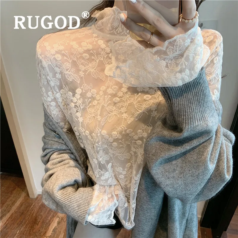 Женская кружевная блузка RUGOD Элегантная цвета хаки с длинным рукавом и