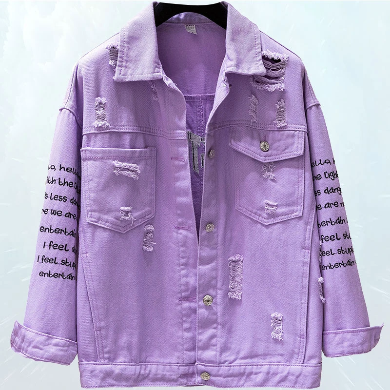 

Candy Colors Denim Jackets For Women Embroidery Women Jean Jacket Long Sleeve Basic Coat Hole Cowboy Coat Female Outerwear SL343