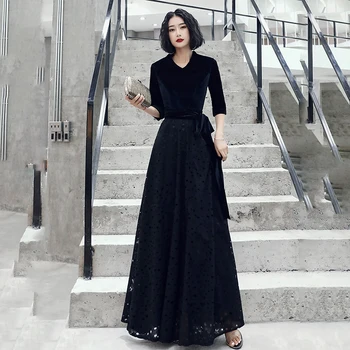 

Autumn Winter New Black Evening Party Dress Sexy Slim A-line Qipao Exquisite Large Size 3XL Cheongsam With Belt Elegant Vestidos