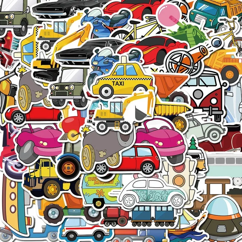 

50Pcs Cars and Transportation Tools Stickers Laptop Scrapbooking Stickers for Skateboard for Kids Toys Waterproof Sticker