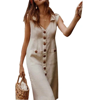 

Elegant V Neck Holiday Women Dress Summer Ladies Button Sleeveless A Line Gift Fashion With Pocket Daily Single-breasted #137